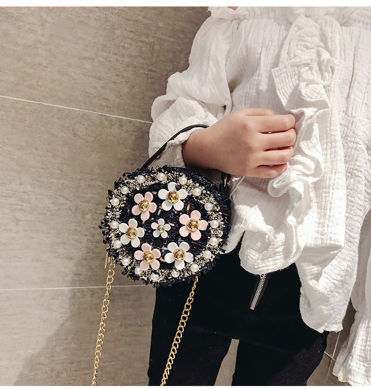 Luxury girl flower pearl round cross body mini shoulder bag