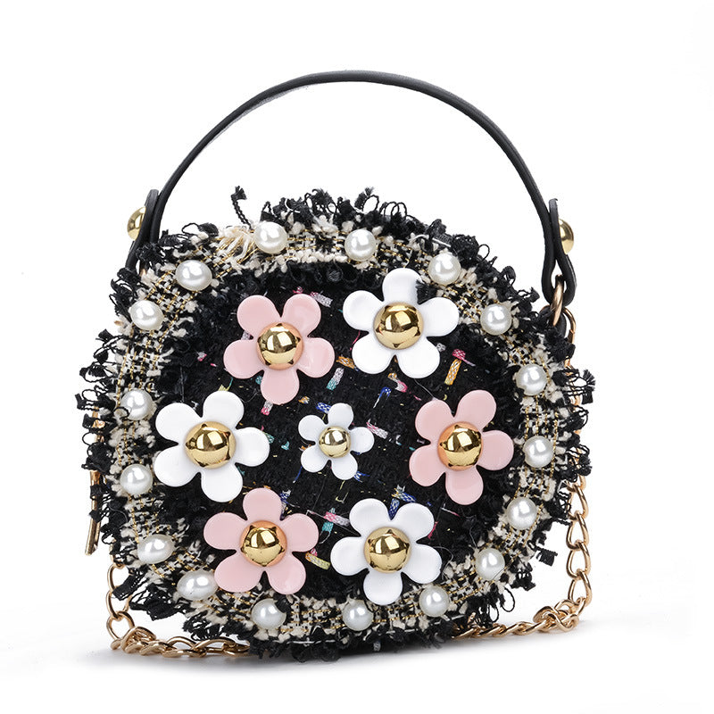 Luxury girl flower pearl round cross body mini shoulder bag