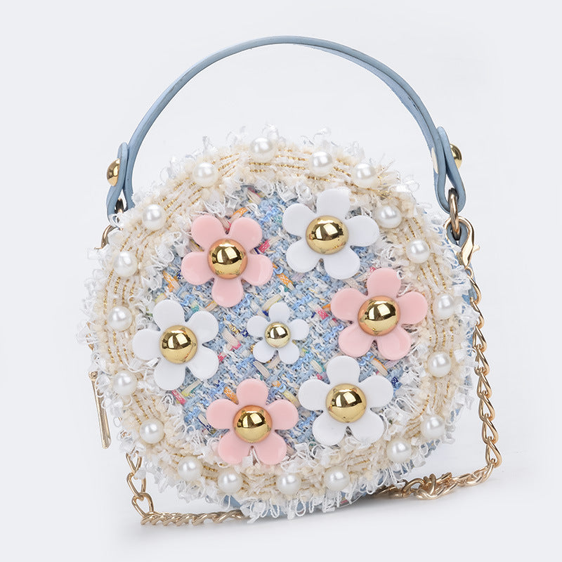 Luxury girl flower pearl round cross body mini shoulder bag