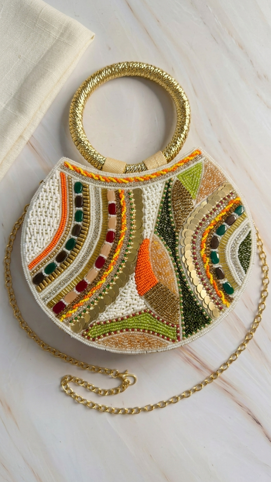 Bohemian Beaded Round Clutch with Gold Handle and Chain