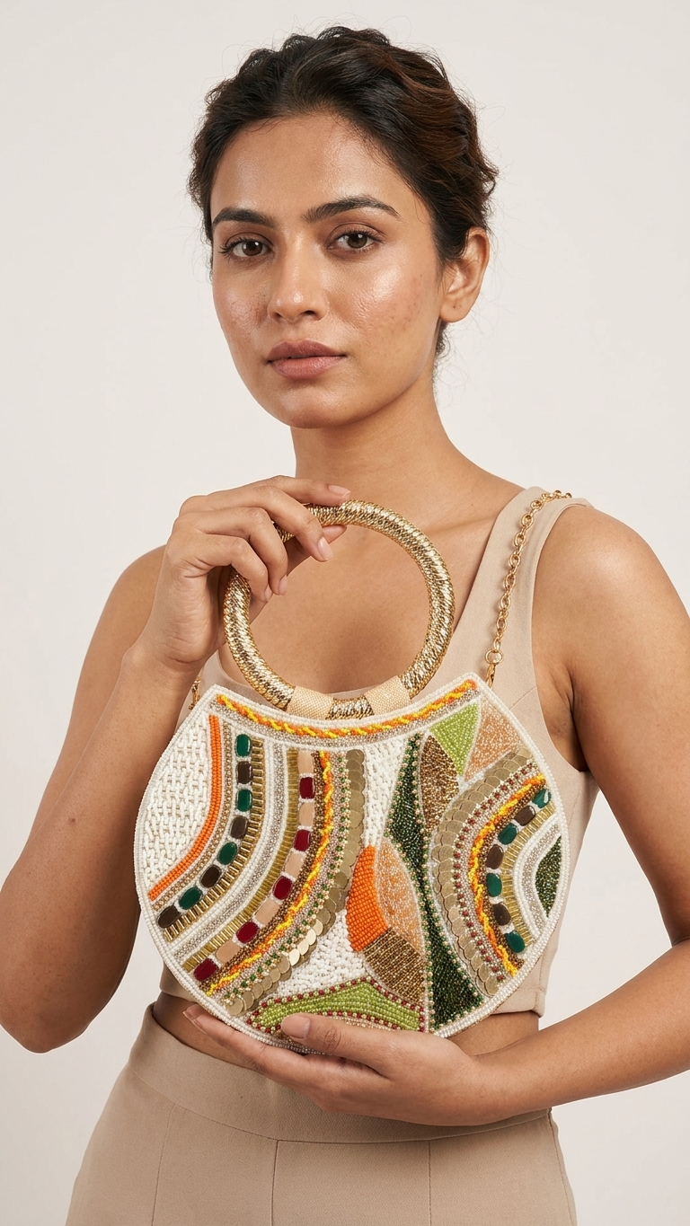 Bohemian Beaded Round Clutch with Gold Handle and Chain