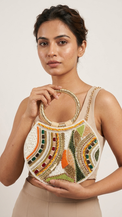 Bohemian Beaded Round Clutch with Gold Handle and Chain