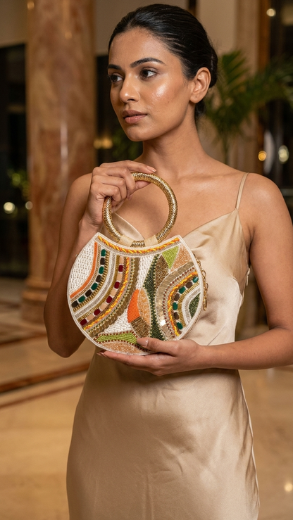 Bohemian Beaded Round Clutch with Gold Handle and Chain