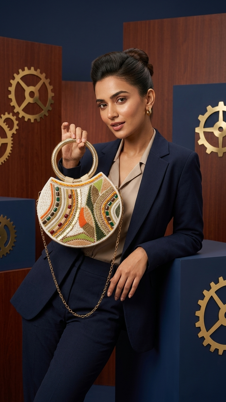 Bohemian Beaded Round Clutch with Gold Handle and Chain
