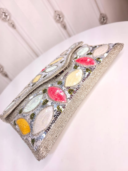 Party wear Multi coloured leaves designed stone embroidered clutch