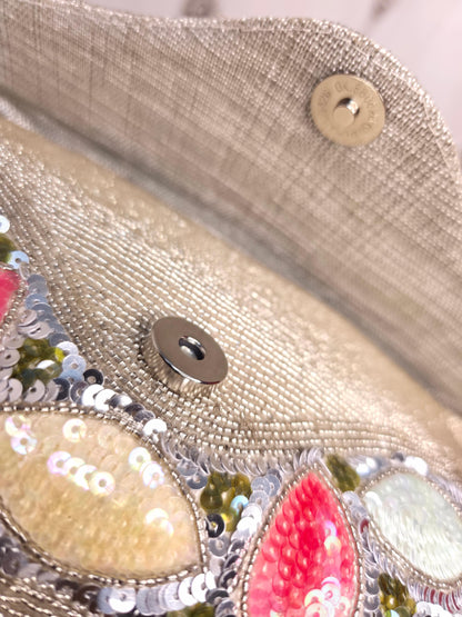 Party wear Multi coloured leaves designed stone embroidered clutch