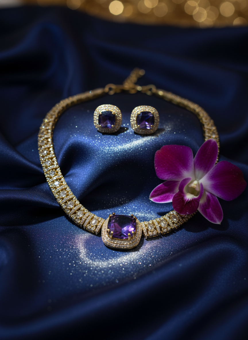 Traditional Ruby & Emerald CZ Link Necklace Set | Gold-Tone Festive Statement Jewelry with Matching Stud Earrings