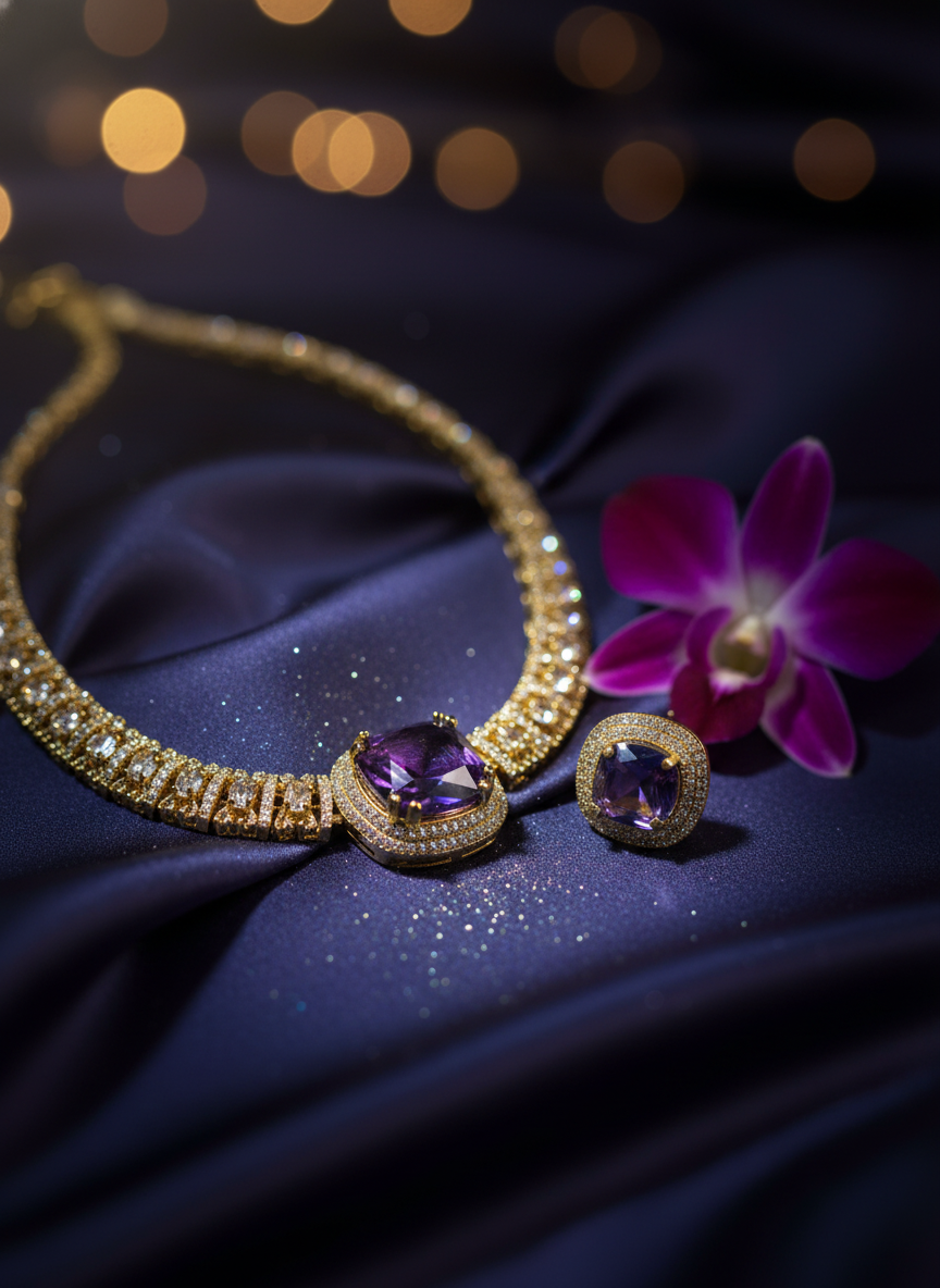 Traditional Ruby & Emerald CZ Link Necklace Set | Gold-Tone Festive Statement Jewelry with Matching Stud Earrings