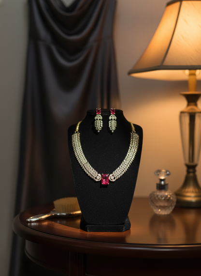Luxury Ruby Pink CZ Tennis Necklace & Pave Crystal Set | Gold-Tone Festive Statement Jewelry