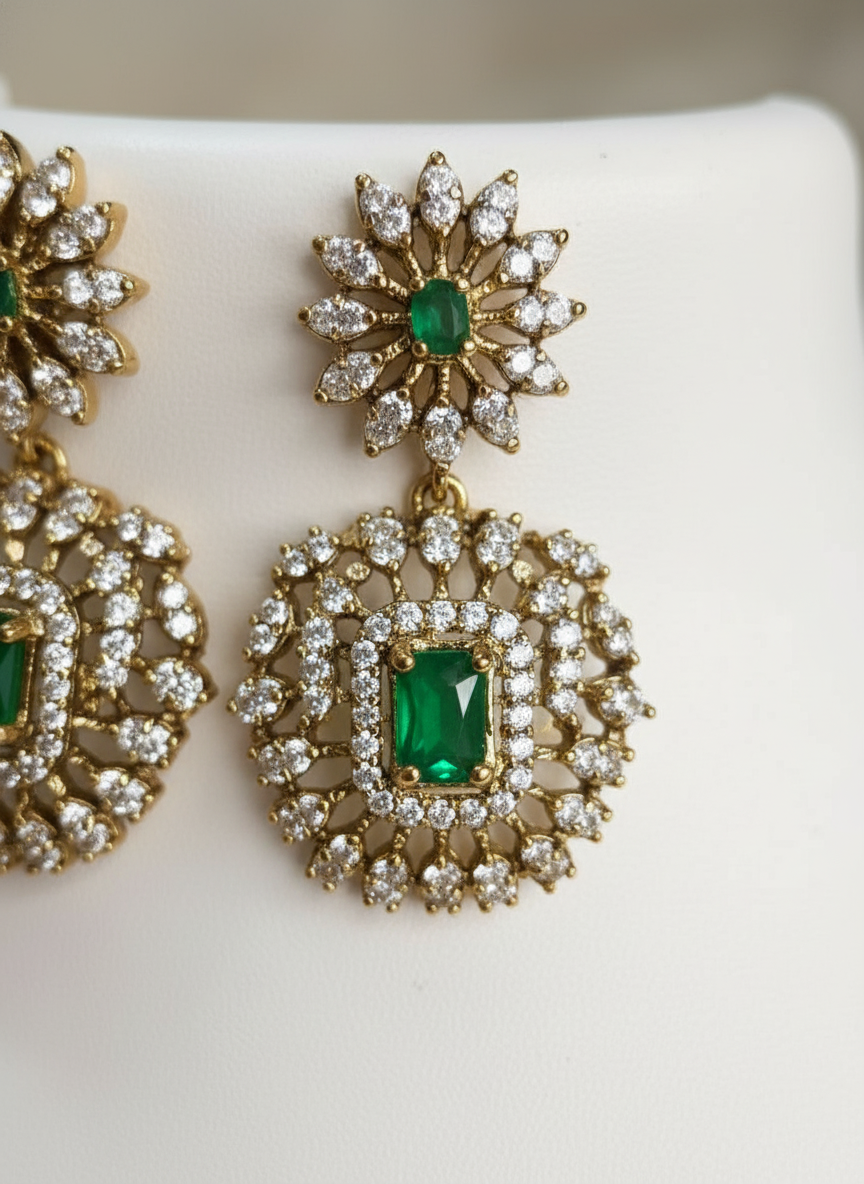 Royal Ruby & Emerald CZ Necklace Set | Gold-Plated American Diamond Bridal Jewelry