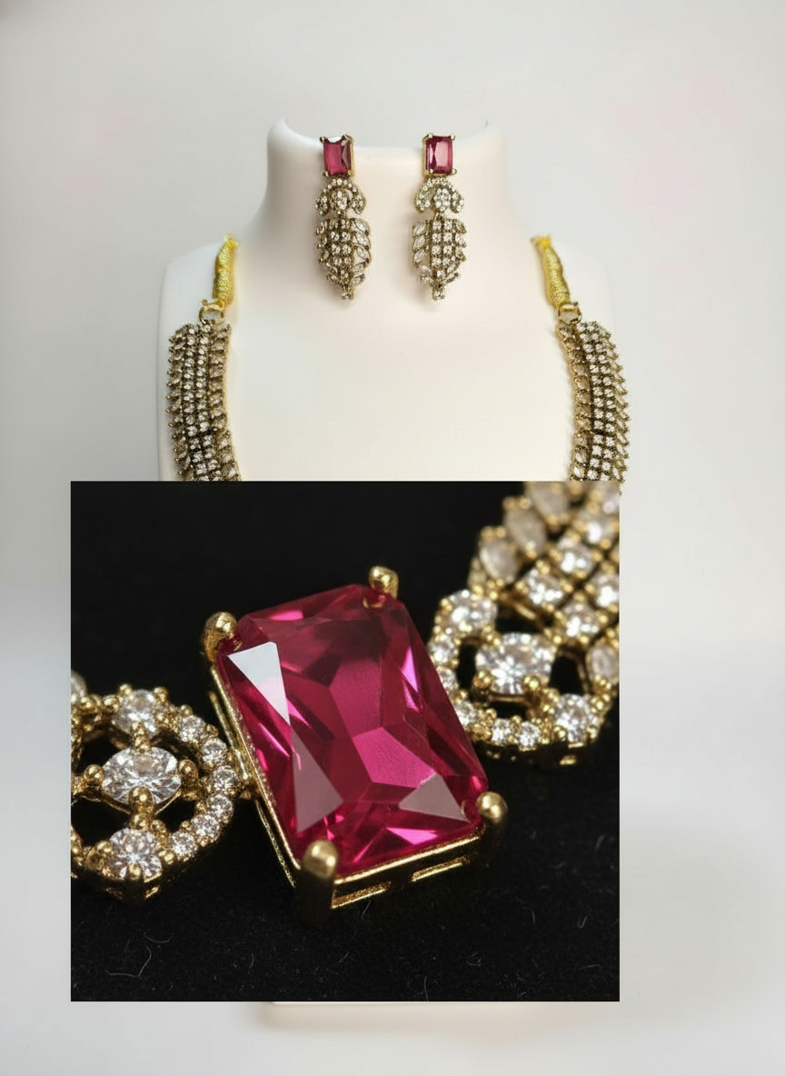 Luxury Ruby Pink CZ Tennis Necklace & Pave Crystal Set | Gold-Tone Festive Statement Jewelry