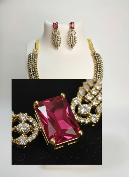 Luxury Ruby Pink CZ Tennis Necklace & Pave Crystal Set | Gold-Tone Festive Statement Jewelry