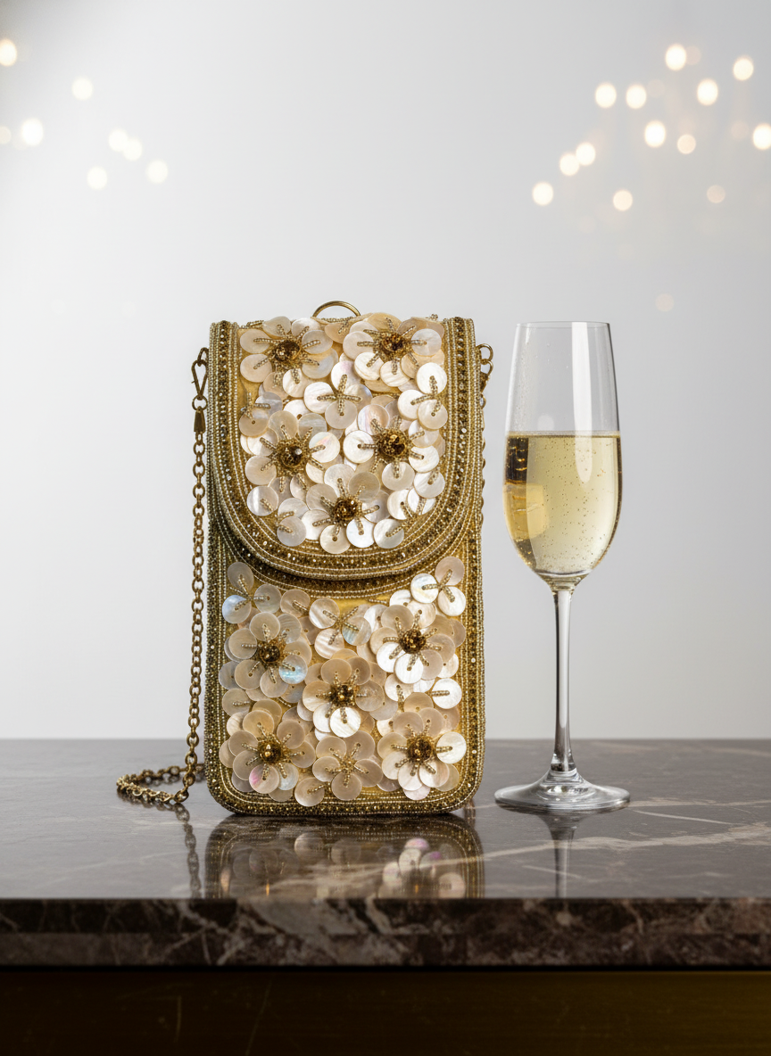Gold floral sequin handbag next to a glass of champagne on a marble surface with a light gray background.