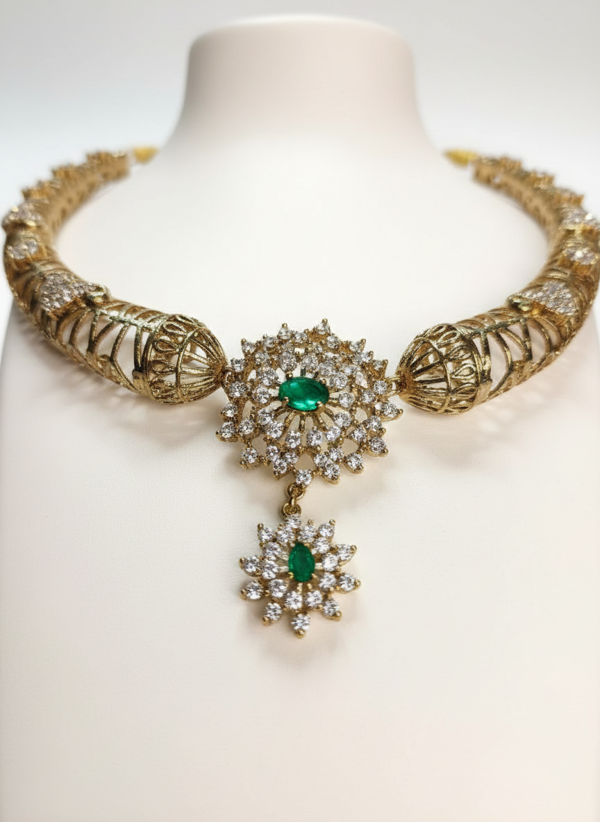 Gold Plated Mesh Collar Necklace Set – American Diamond Floral Pendant with Green Stone Accents