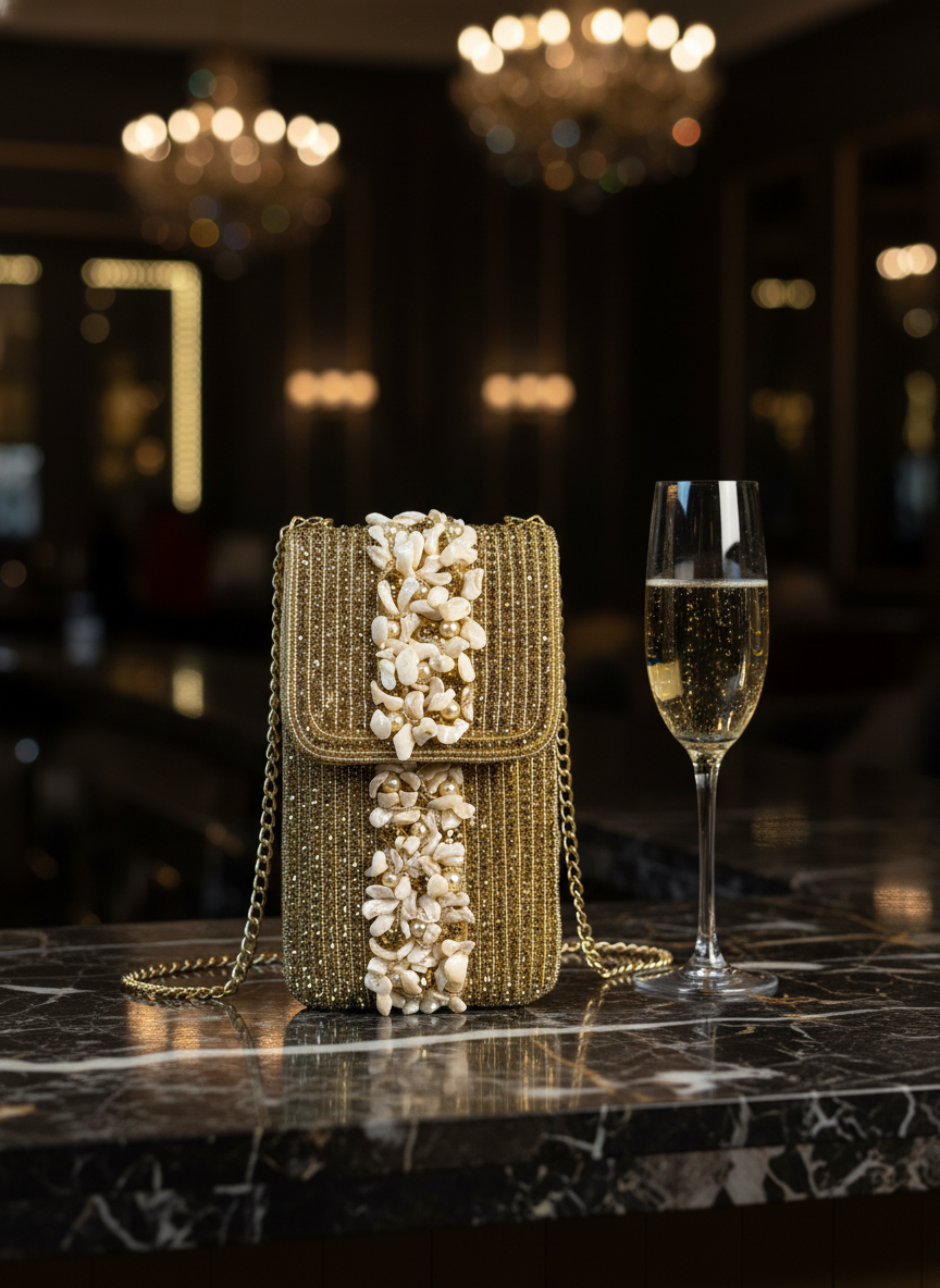Elegant Gold Beaded & Pearl Shell Evening Mobile Clutch Bag