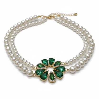 Double Strand Pearl Necklace with Colorful Crystal Pendant