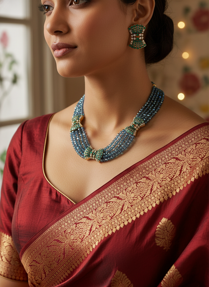 Ornate Multi-Strand Blue Crystal & Emerald Statement Necklace and Earrings