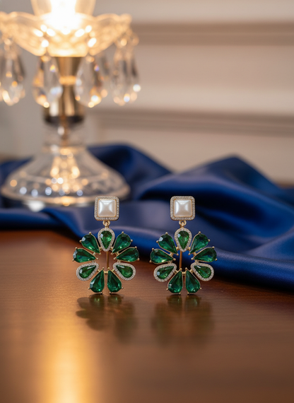 Elegant Emerald Green Crystal Dangle Earrings with Pearl Top