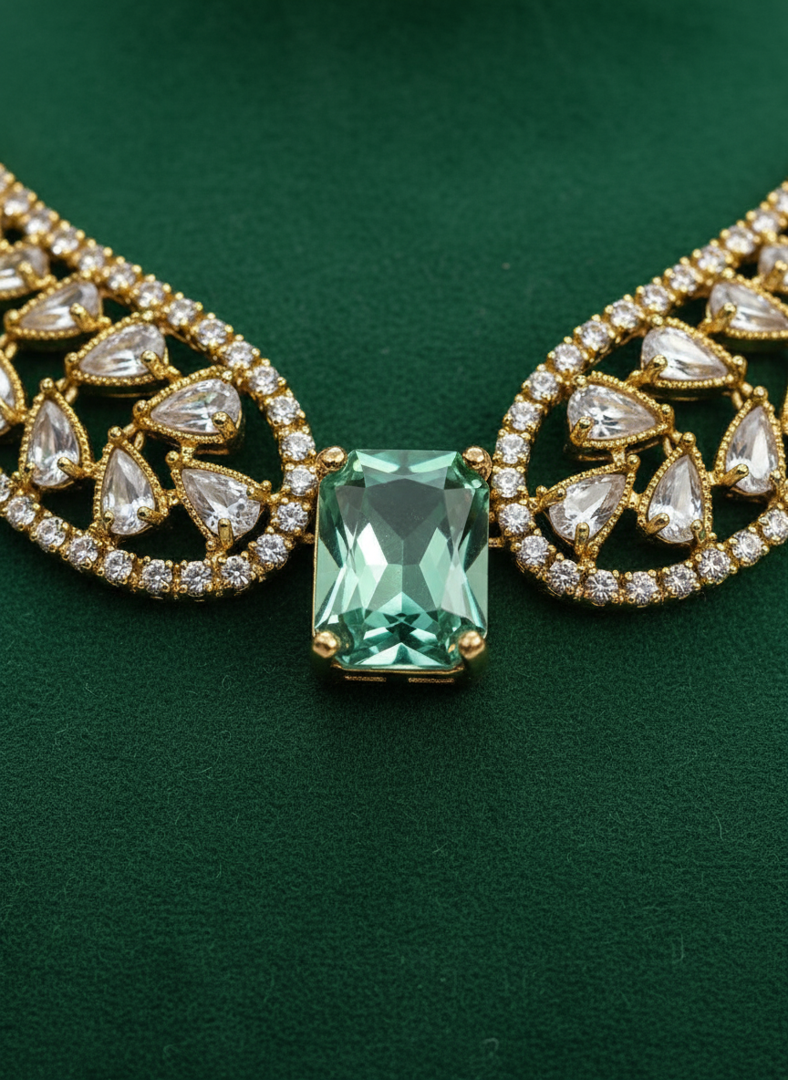 Mint Green American Diamond (AD) Necklace Set – Gold Plated Crystal Leaf Collar Necklace for Wedding & Party