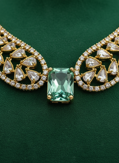 Mint Green American Diamond (AD) Necklace Set – Gold Plated Crystal Leaf Collar Necklace for Wedding & Party