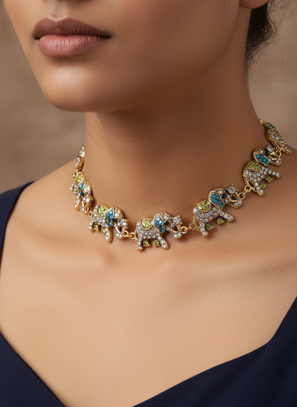 Crystal Elephant Statement Necklace | Multi-Color Animal Jewelry