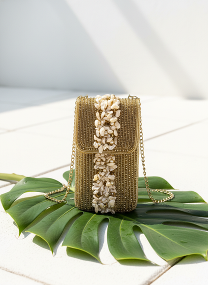 Elegant Gold Beaded & Pearl Shell Evening Mobile Clutch Bag