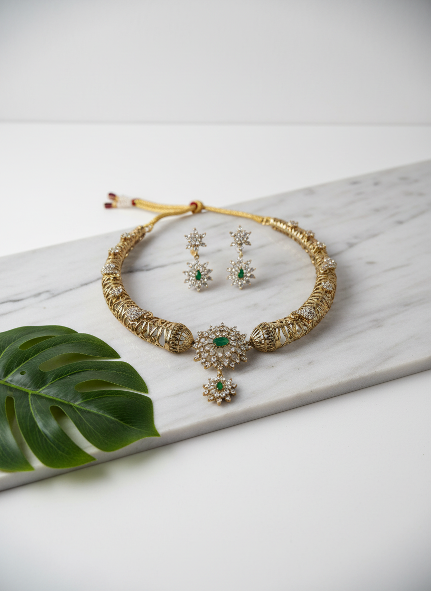 Gold Plated Mesh Collar Necklace Set – American Diamond Floral Pendant with Green Stone Accents