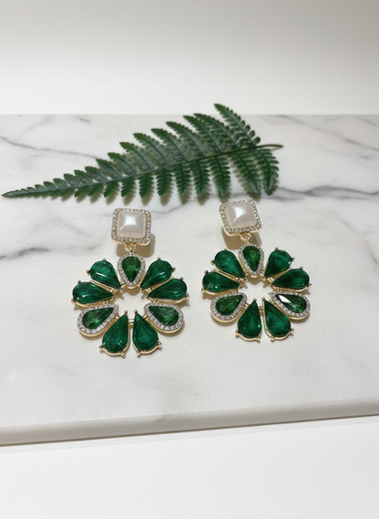 Elegant Emerald Green Crystal Dangle Earrings with Pearl Top