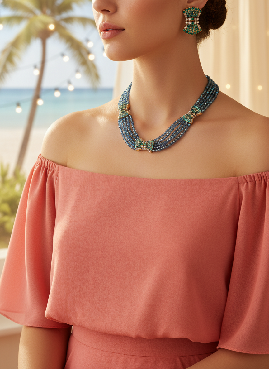 Ornate Multi-Strand Blue Crystal & Emerald Statement Necklace and Earrings