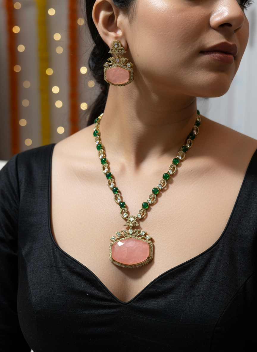 Kundan Inspired Pink & Green Ethnic Necklace Set