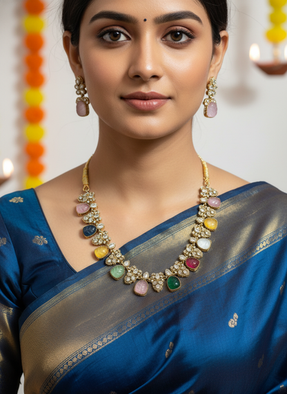 Exquisite Multi-Stone Kundan Necklace Set with Earrings