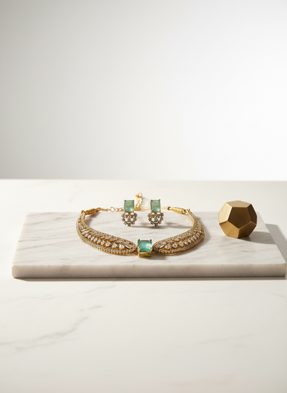 Mint Green American Diamond (AD) Necklace Set – Gold Plated Crystal Leaf Collar Necklace for Wedding & Party