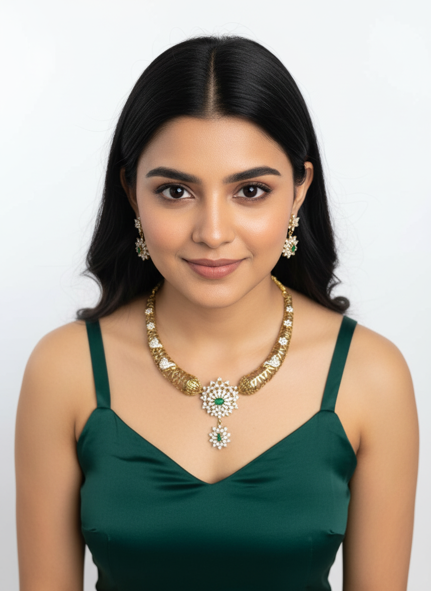 Gold Plated Mesh Collar Necklace Set – American Diamond Floral Pendant with Green Stone Accents