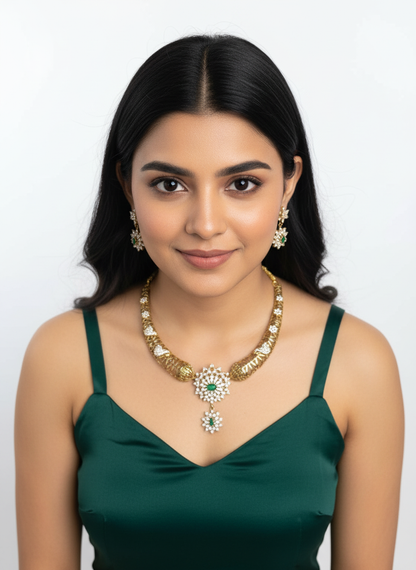 Gold Plated Mesh Collar Necklace Set – American Diamond Floral Pendant with Green Stone Accents