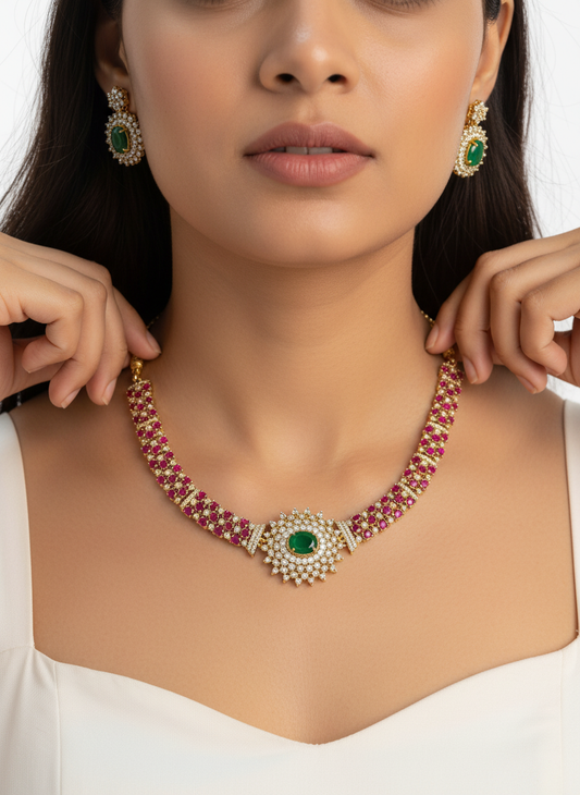 Traditional Gold Plated Ruby Pink & Emerald Green AD Necklace Set – American Diamond Floral Pendant Jewelry for Women