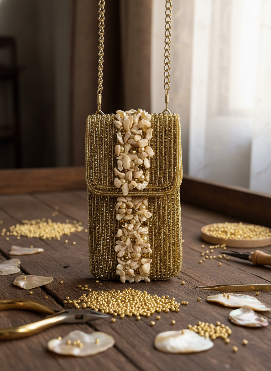 Elegant Gold Beaded & Pearl Shell Evening Mobile Clutch Bag