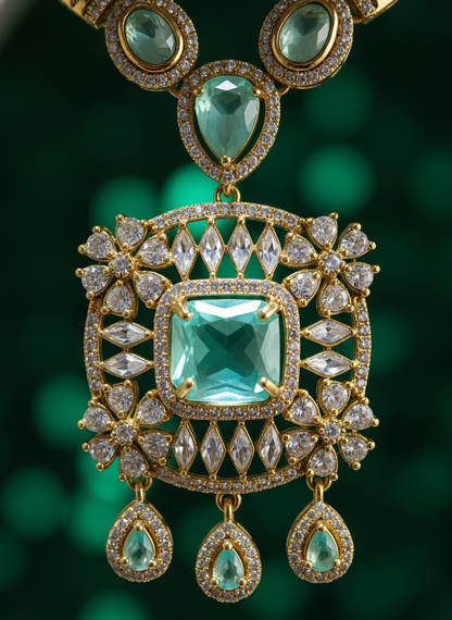 Elegant Mint Green/Aquamarine CZ Link Necklace & Earring Set | Gold-Tone Modern Festive Jewelry