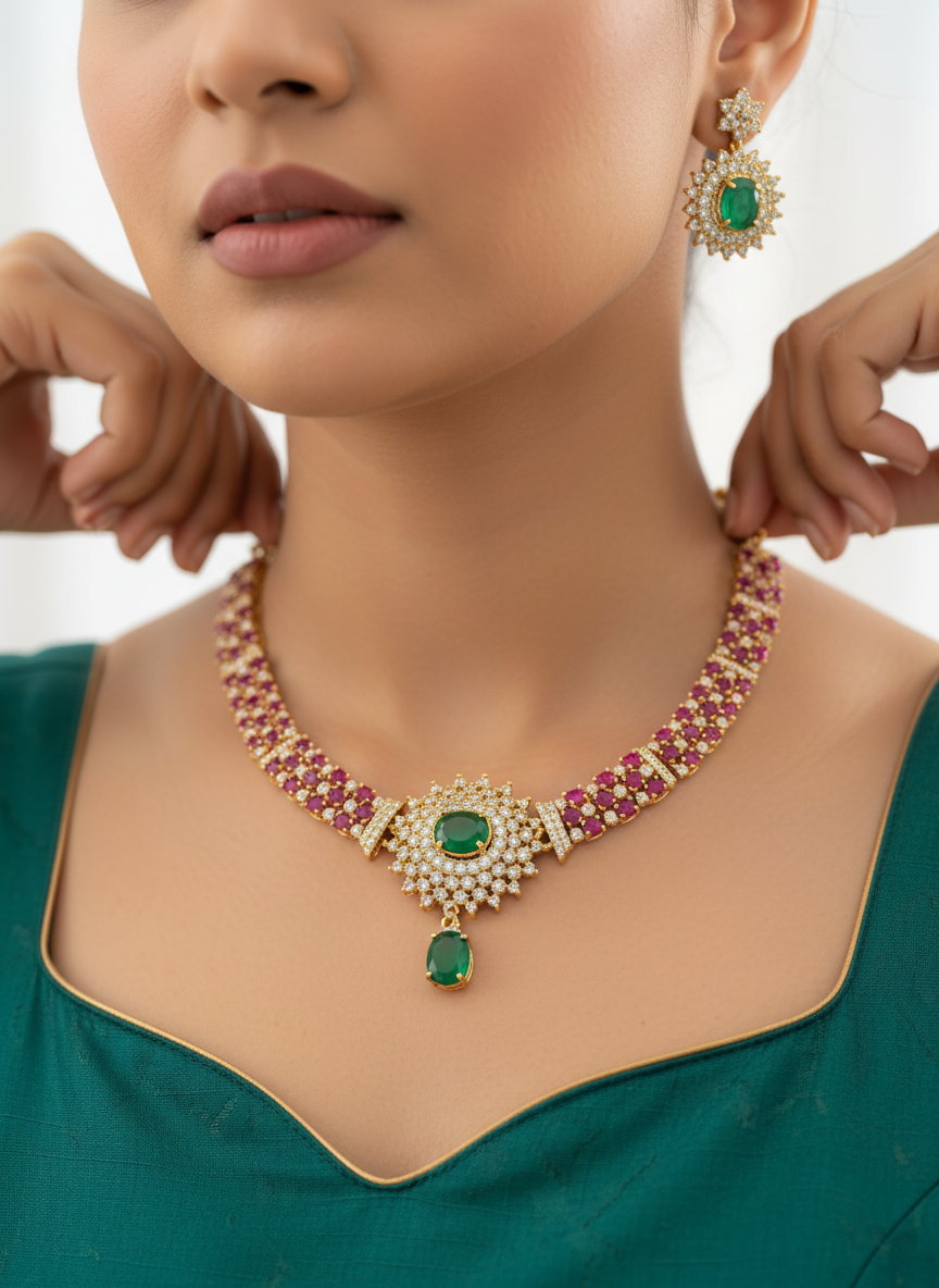 Traditional Gold Plated Ruby Pink & Emerald Green AD Necklace Set – American Diamond Floral Pendant Jewelry for Women