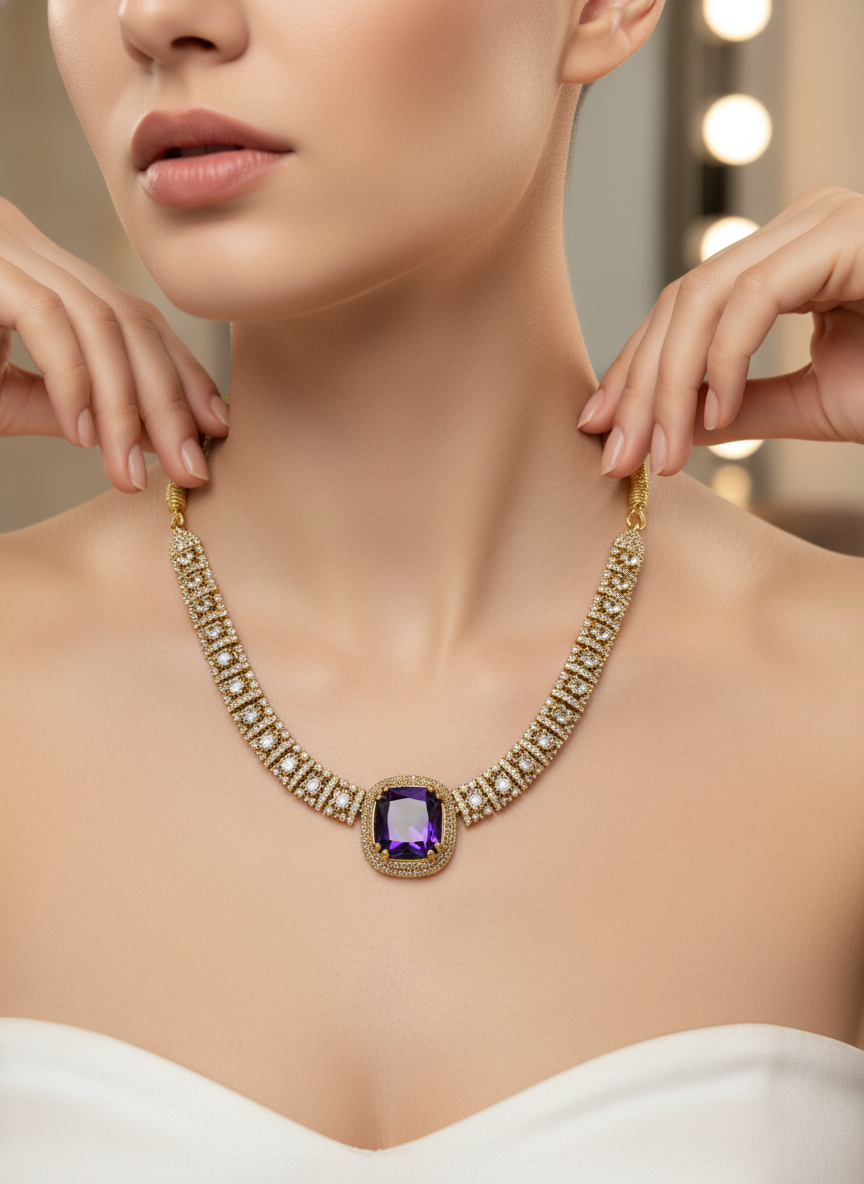 Traditional Ruby & Emerald CZ Link Necklace Set | Gold-Tone Festive Statement Jewelry with Matching Stud Earrings