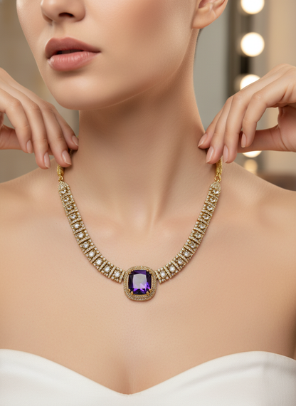 Traditional Ruby & Emerald CZ Link Necklace Set | Gold-Tone Festive Statement Jewelry with Matching Stud Earrings