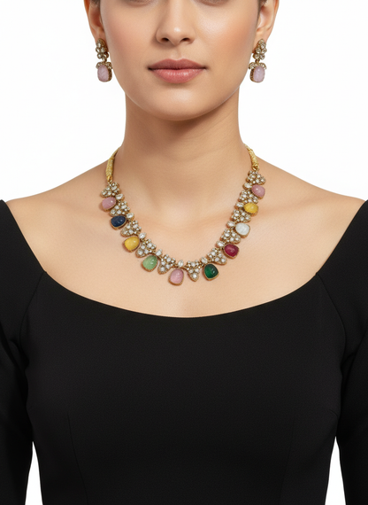 Exquisite Multi-Stone Kundan Necklace Set with Earrings