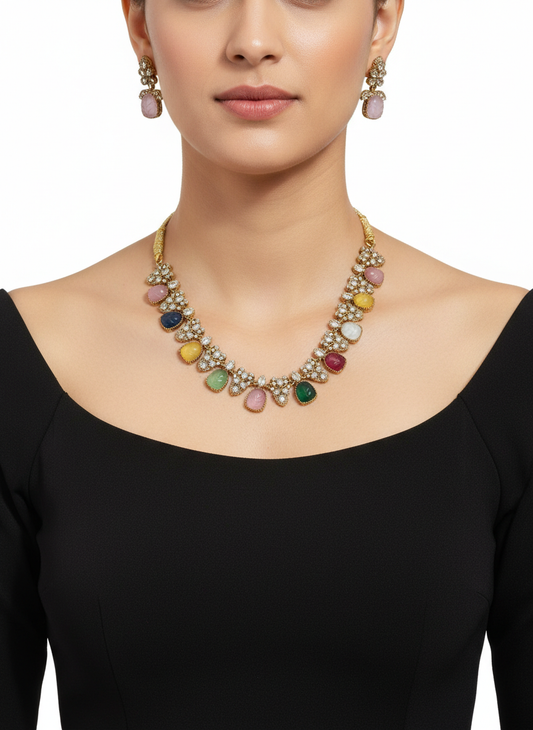 Exquisite Multi-Stone Kundan Necklace Set with Earrings