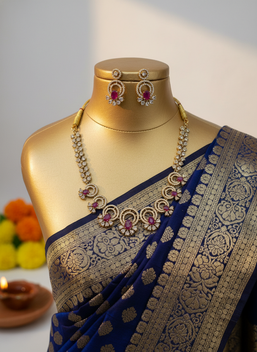 Elegant Ruby AD Gold Plated Necklace & Earring Set