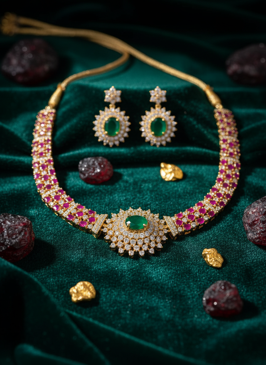 Traditional Gold Plated Ruby Pink & Emerald Green AD Necklace Set – American Diamond Floral Pendant Jewelry for Women