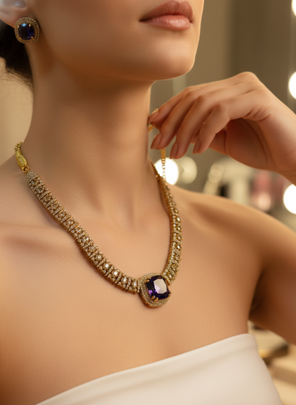 Traditional Ruby & Emerald CZ Link Necklace Set | Gold-Tone Festive Statement Jewelry with Matching Stud Earrings