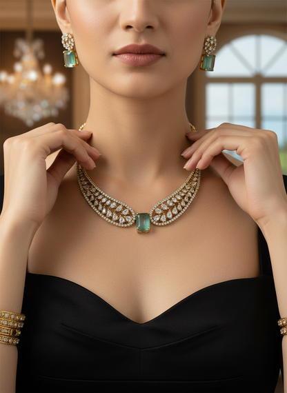 Mint Green American Diamond (AD) Necklace Set – Gold Plated Crystal Leaf Collar Necklace for Wedding & Party