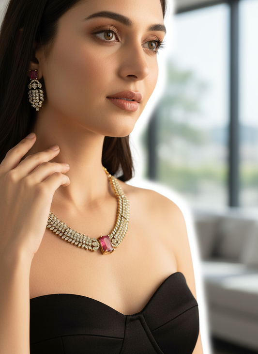 Luxury Ruby Pink CZ Tennis Necklace & Pave Crystal Set | Gold-Tone Festive Statement Jewelry