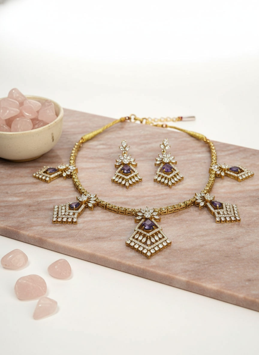 Luxurious Gold-Plated Necklace Set with Purple Amethyst & Sparkling CZ | Floral Geometric Design