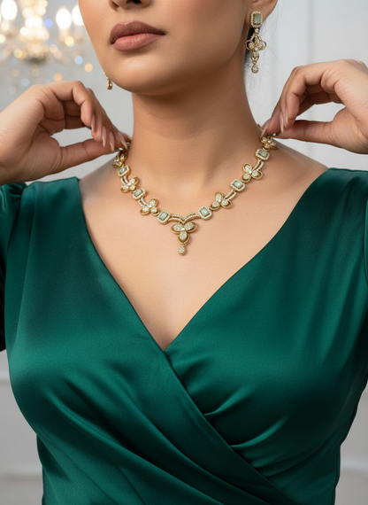 Statement Mint Green CZ & Gold-Tone Choker Set | Wide Textured Necklace & Matching Drop Earrings | Modern Festive Wear