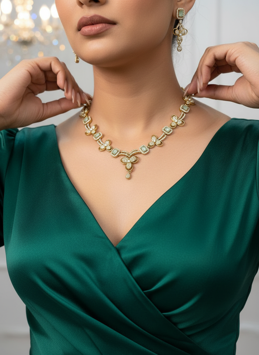 Statement Mint Green CZ & Gold-Tone Choker Set | Wide Textured Necklace & Matching Drop Earrings | Modern Festive Wear